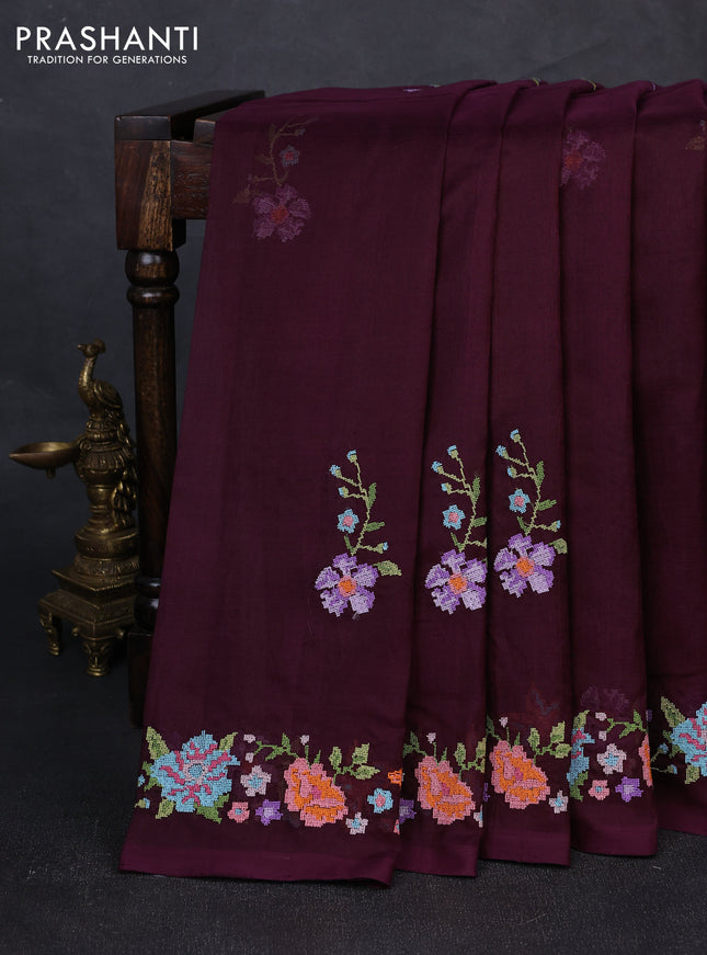 Silk cotton saree deep purple with floral convent embroidery buttas and embroidery border