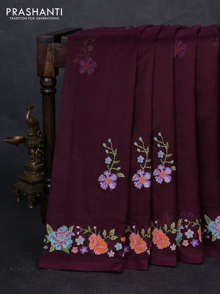 Silk cotton saree deep purple with floral convent embroidery buttas and embroidery border