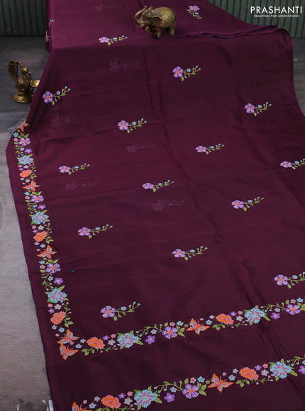 Silk cotton saree deep purple with floral convent embroidery buttas and embroidery border