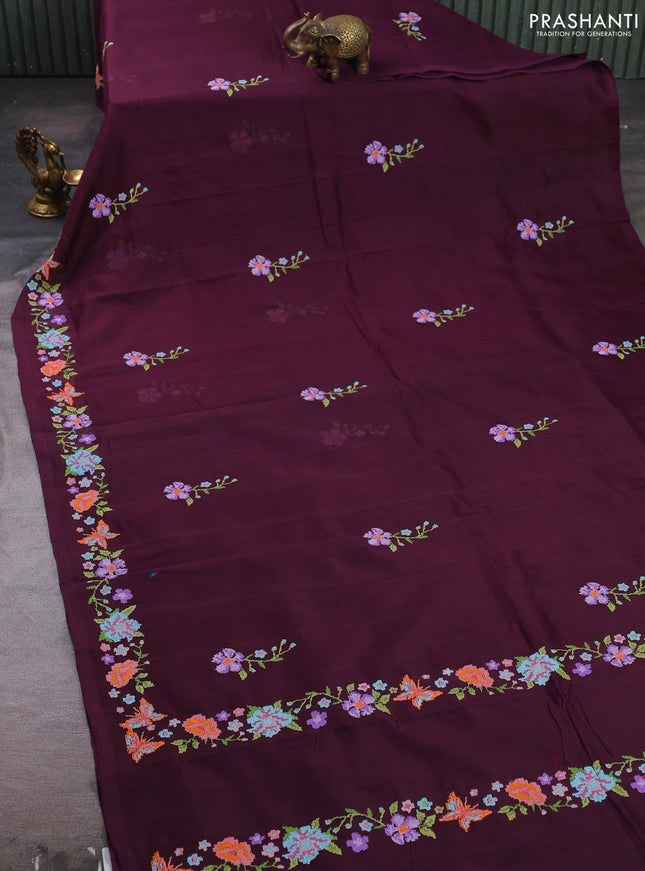Silk cotton saree deep purple with floral convent embroidery buttas and embroidery border