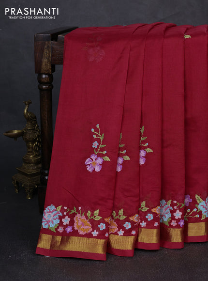 Silk cotton saree red with floral convent embroidery buttas and embroidery border