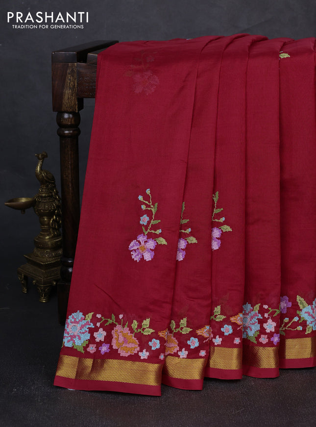 Silk cotton saree red with floral convent embroidery buttas and embroidery border