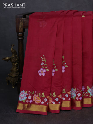 Silk cotton saree red with floral convent embroidery buttas and embroidery border