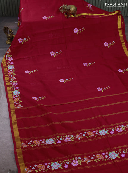 Silk cotton saree red with floral convent embroidery buttas and embroidery border