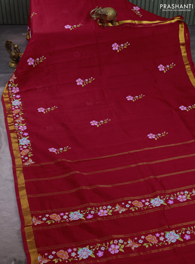 Silk cotton saree red with floral convent embroidery buttas and embroidery border
