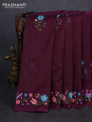 Silk cotton saree deep wine shade with floral convent embroidery buttas and zari woven border
