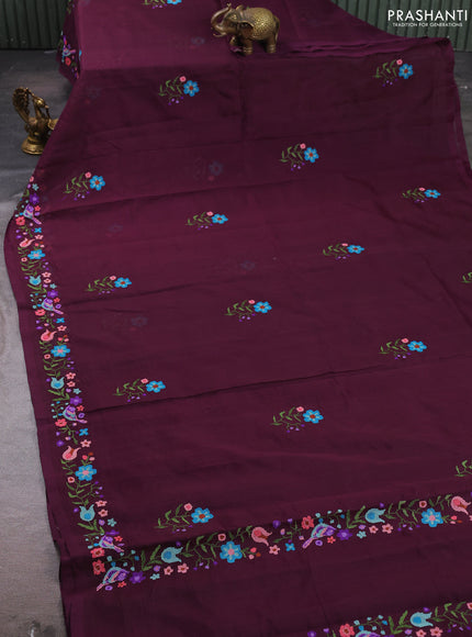 Silk cotton saree deep wine shade with floral convent embroidery buttas and zari woven border