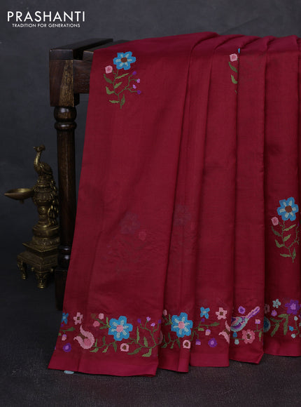 Silk cotton saree maroon with floral convent embroidery buttas and embroidery border