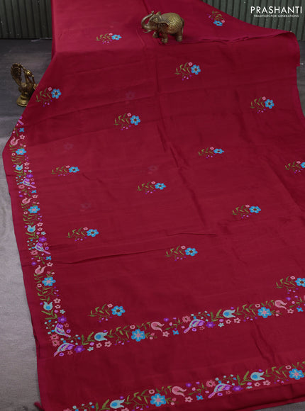 Silk cotton saree maroon with floral convent embroidery buttas and embroidery border