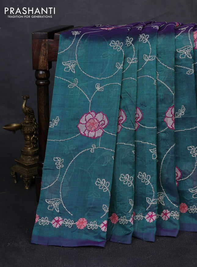 Silk cotton saree peacock green with allover convent embroidery weaves and embroidery border