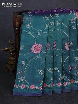 Silk cotton saree peacock green with allover convent embroidery weaves and embroidery border