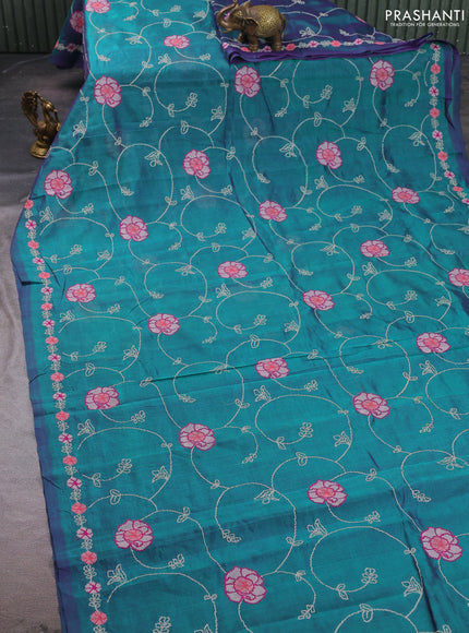 Silk cotton saree peacock green with allover convent embroidery weaves and embroidery border