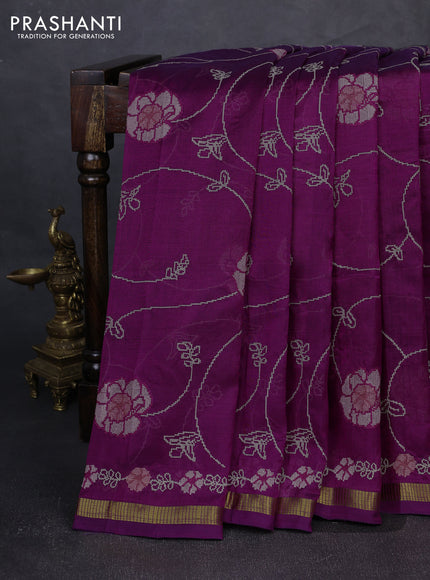 Silk cotton saree deep purple with allover convent embroidery weaves and zari woven border