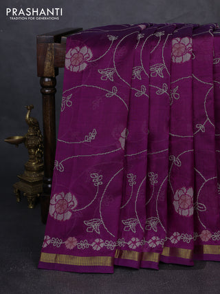 Silk cotton saree deep purple with allover convent embroidery weaves and zari woven border