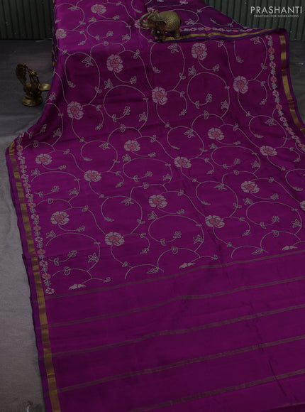 Silk cotton saree deep purple with allover convent embroidery weaves and zari woven border