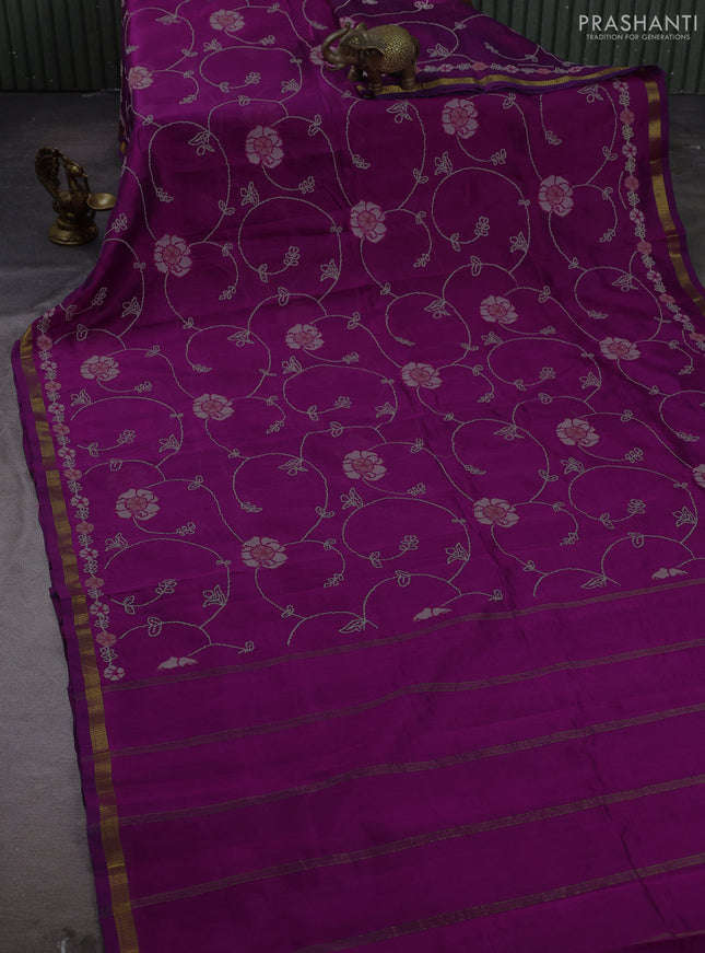Silk cotton saree deep purple with allover convent embroidery weaves and zari woven border