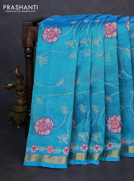 Silk cotton saree teal blue with allover convent embroidery weaves and zari woven border