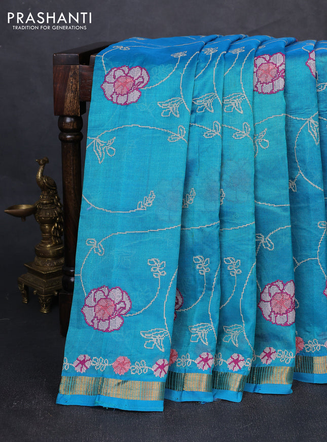 Silk cotton saree teal blue with allover convent embroidery weaves and zari woven border