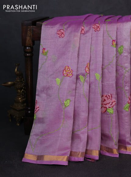 Silk cotton saree lavender with allover convent embroidery weaves and zari woven border