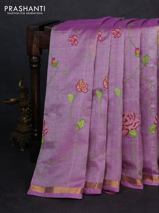 Silk cotton saree lavender with allover convent embroidery weaves and zari woven border