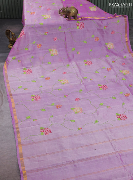Silk cotton saree lavender with allover convent embroidery weaves and zari woven border