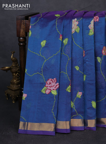 Silk cotton saree dual shade of bluish pink with allover convent embroidery weaves and zari woven border