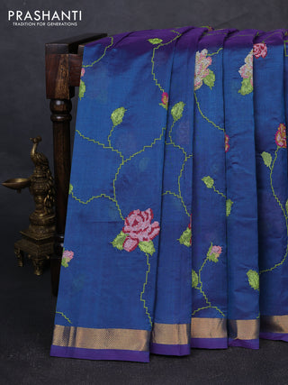 Silk cotton saree dual shade of bluish pink with allover convent embroidery weaves and zari woven border