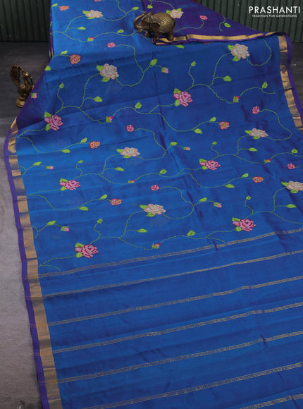 Silk cotton saree dual shade of bluish pink with allover convent embroidery weaves and zari woven border
