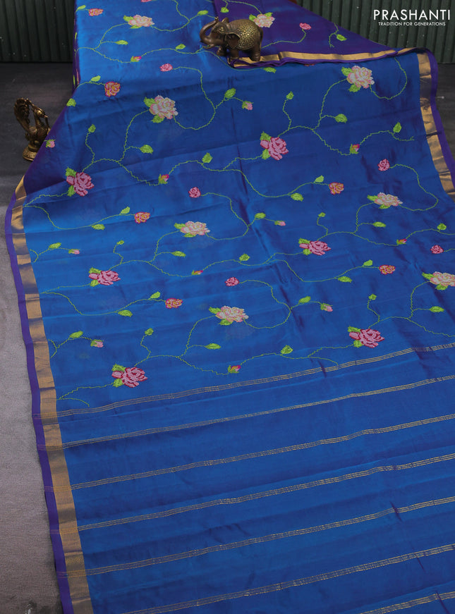 Silk cotton saree dual shade of bluish pink with allover convent embroidery weaves and zari woven border