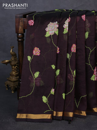 Silk cotton saree coffee brown with allover convent embroidery weaves and zari woven border