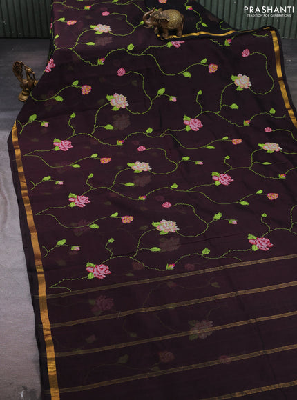 Silk cotton saree coffee brown with allover convent embroidery weaves and zari woven border