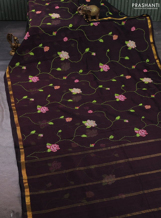 Silk cotton saree coffee brown with allover convent embroidery weaves and zari woven border