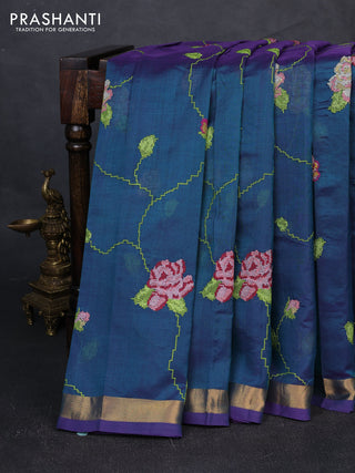 Silk cotton saree dual shade of bluish pink with allover convent embroidery weaves and zari woven border