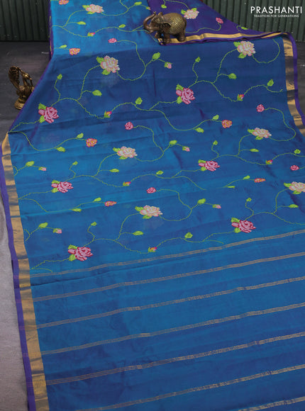 Silk cotton saree dual shade of bluish pink with allover convent embroidery weaves and zari woven border