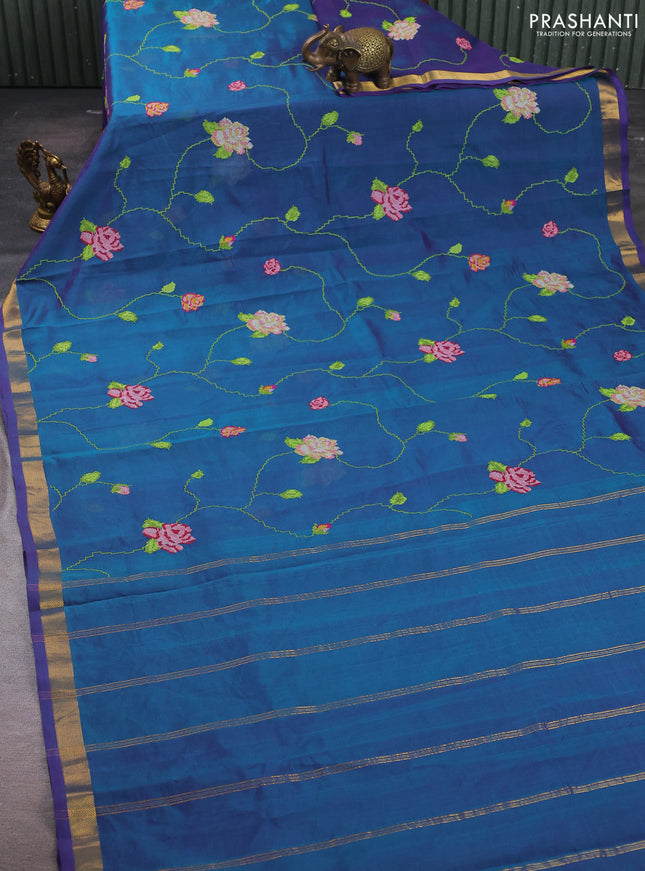 Silk cotton saree dual shade of bluish pink with allover convent embroidery weaves and zari woven border