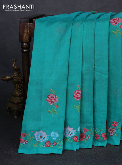 Silk cotton saree teal green with floral convent embroidery buttas and embroidery border