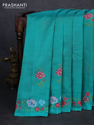 Silk cotton saree teal green with floral convent embroidery buttas and embroidery border
