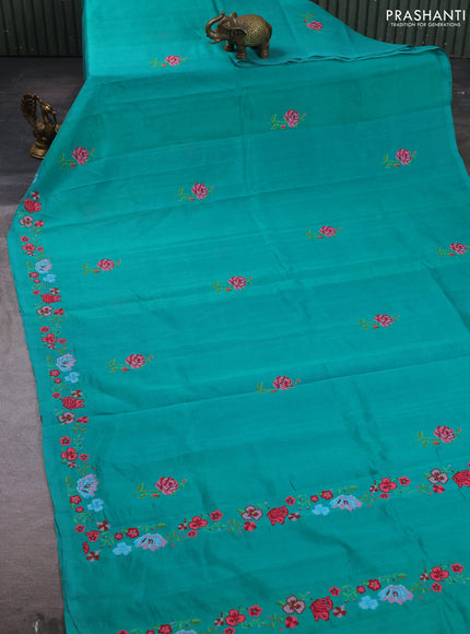 Silk cotton saree teal green with floral convent embroidery buttas and embroidery border