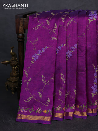 Silk cotton saree deep magenta pink with allover convent embroidery weaves and zari woven border