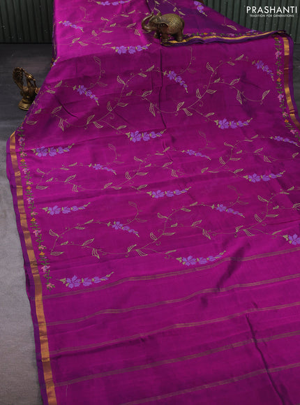 Silk cotton saree deep magenta pink with allover convent embroidery weaves and zari woven border