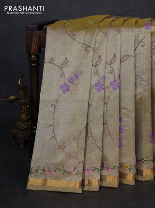 Silk cotton saree elaichi green with allover convent embroidery weaves and zari woven border