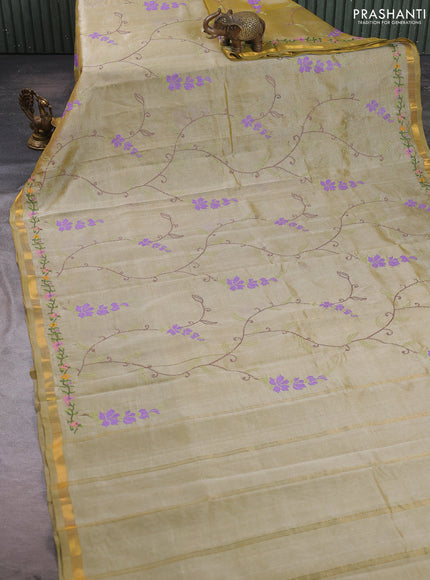 Silk cotton saree elaichi green with allover convent embroidery weaves and zari woven border