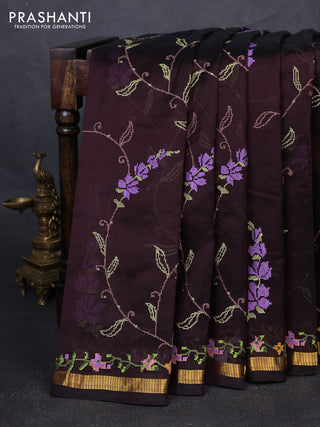 Silk cotton saree coffee brown with allover convent embroidery weaves and zari woven border