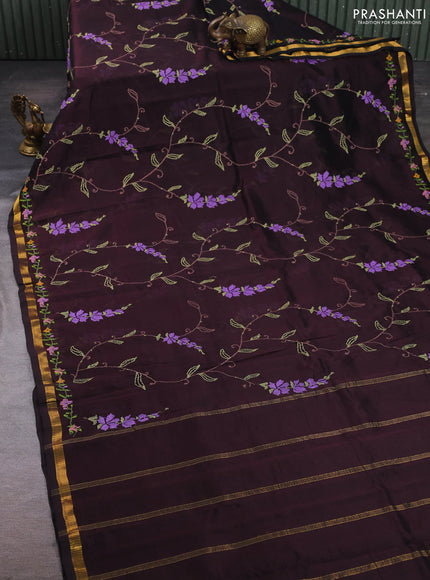 Silk cotton saree coffee brown with allover convent embroidery weaves and zari woven border
