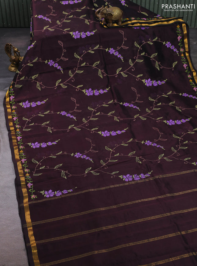 Silk cotton saree coffee brown with allover convent embroidery weaves and zari woven border