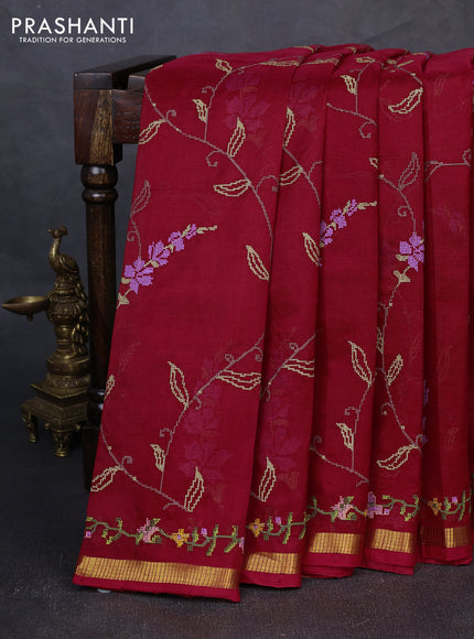 Silk cotton saree red with allover convent embroidery weaves and zari woven border