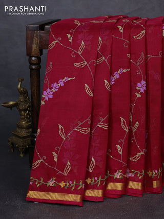 Silk cotton saree red with allover convent embroidery weaves and zari woven border