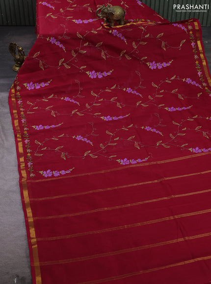 Silk cotton saree red with allover convent embroidery weaves and zari woven border