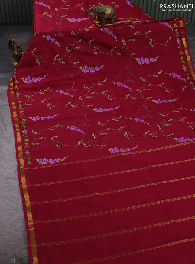 Silk cotton saree red with allover convent embroidery weaves and zari woven border
