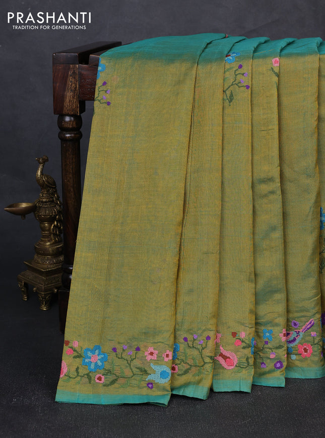 Silk cotton saree dual shade of greenish yellow with floral convent embroidery buttas and embroidery border